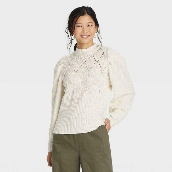 A New Day White Knit Puffy Sleeve Embroidered Sweater Size Large - Picture 2 of 5